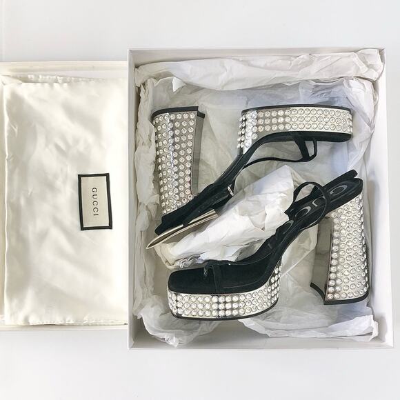 Gucci Rare Naimah Nero Crystal Embellished Platform Strappy Sandals 39 - Picture 11 of 12